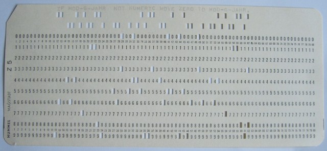 COBOL punch card. Image by Rainer Gerhards (own work (own card, own photo)) [GFDL (http://www.gnu.org/copyleft/fdl.html), CC-BY-SA-3.0 (http://creativecommons.org/licenses/by-sa/3.0/) or CC BY-SA 2.5-2.0-1.0 (http://creativecommons.org/licenses/by-sa/2.5-2.0-1.0)], via Wikimedia Commons
