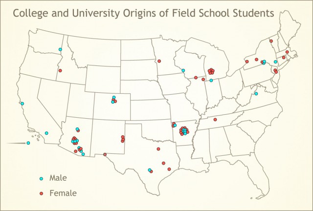 Colleges and universities of origin for Archaeology Southwest field school students, 2008–2015. Map by Catherine Gilman.