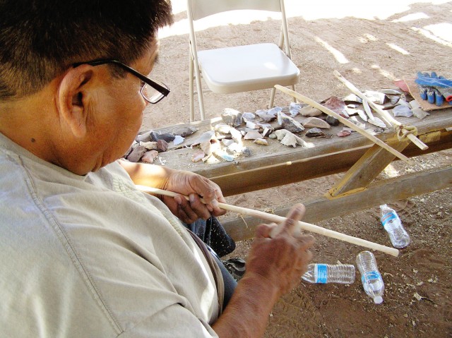 Bernard Siquieros–Archaeology Southwest board member, Tohono O’odham Community College Board of Trustees, and Education Curator at Himdag Ki–carving an atlatl.