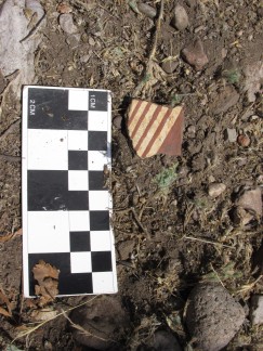 A piece of Three Circle Red-on-white pottery dating to the Mogollon Late Pithouse period, A.D. 750–950.