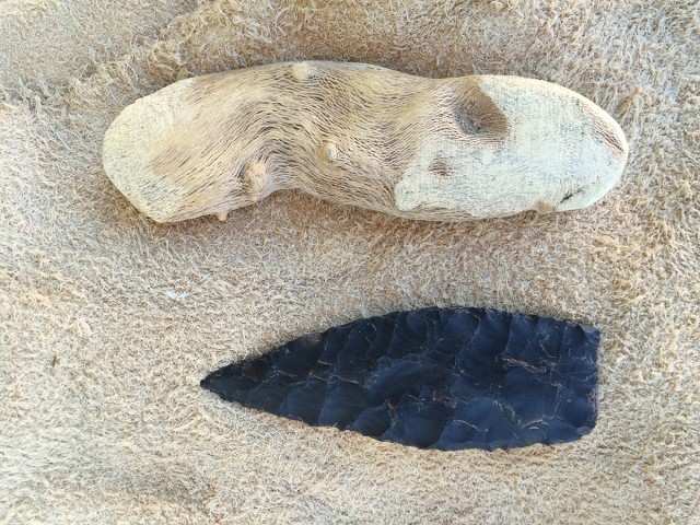 The knife handle is saguaro root and the blade is chert from the Green River Formation in Wyoming. The handle is shaped and ready for hafting. I like saguaro root for handles; it is very strong and lightweight, and easy to carve with stone tools. A lot of the pieces I find are already the right handle shape and require less work than most other woods.