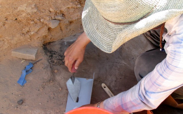 Collecting a piece of corncob for radiocarbon dating. Photo by Stephen Matt, NPS archaeologist.