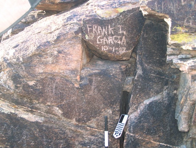 Early instance of graffiti in what is now South Mountain Park. The inscription reads “FRANK I. GARCIA 10-1-02.”