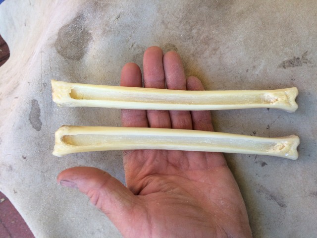 Bone after marrow scraped out with a flake. Now these two halves can be cut to make at least four bone awls.