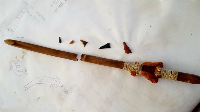 Replica (broken) atlatl and some stone projectile points