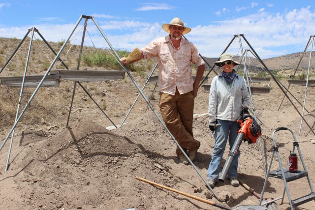 Will (trained in Mogollon archaeology) and Stacy (trained in Hohokam archaeology) combine excavation technology from both traditions. When we are open to reevaluating our assumptions, we sometimes change our minds about things like how many legs a good screen should have or when to use a leaf-blower.