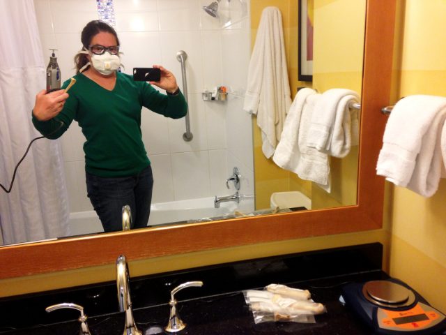 The hotel bathroom, with its powerful venting fan and easy-to-clean surfaces, was a fine place to cut small animal bone samples for isotopic analysis.