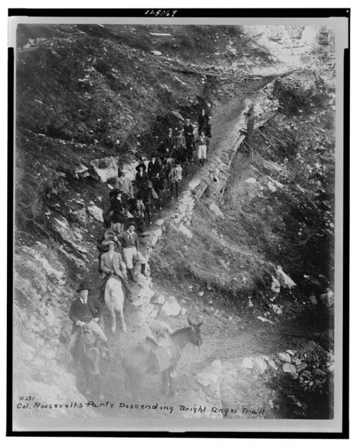 Theodore Roosevelt leading a group of men and women on horseback down the Bright Angel Trail, Grand Canyon, Arizona. Courtesy of the Library of Congress