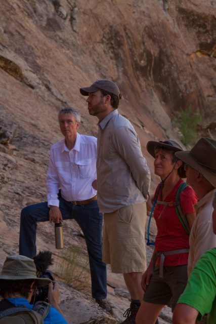 A hike through Bears Ears during the 2016 Bears Ears Listening Session. From left to right: Bill Doelle (Archaeology Southwest); Neil Kornze (then-Director, Bureau of Land Management); and Sally Jewell (then-Interior Secretary). Photo courtesy of Josh Ewing (Friends of Cedar Mesa).