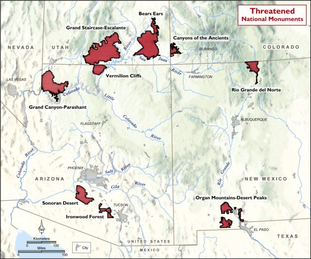 The Southwest’s threatened National Monuments. Map by Catherine Gilman.