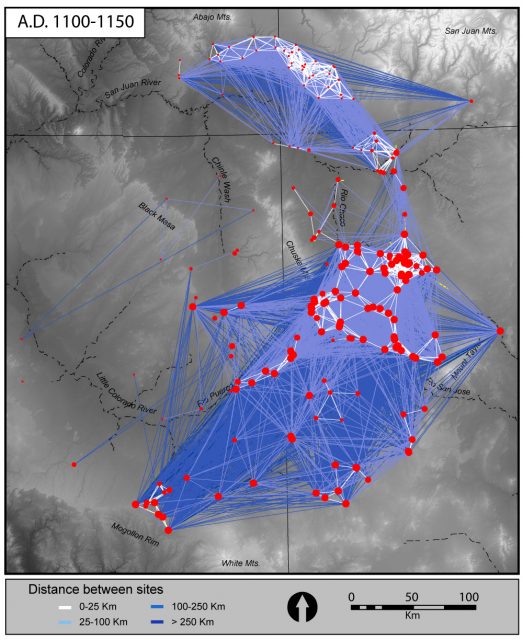 Social networks within the greater Chaco world, AD 1100-1150, based on similarities in decorated ceramics (from the Chaco Social Networks Project, an NSF-funded collaborative effort between the University of Arizona, Archaeology Southwest, and Arizona State University).