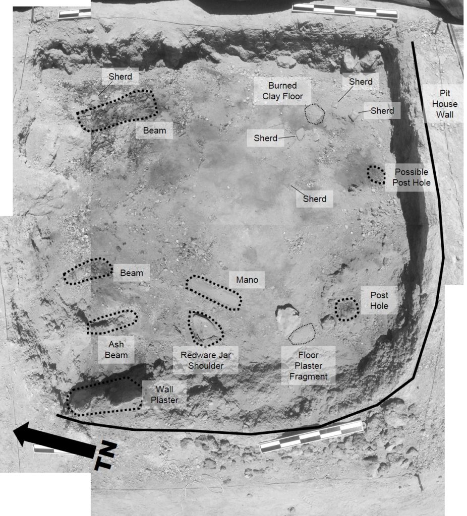 A Polvorón phase pithouse dug into the top of the Classic period platform mound at Mesa Grande. This is a composite photo.