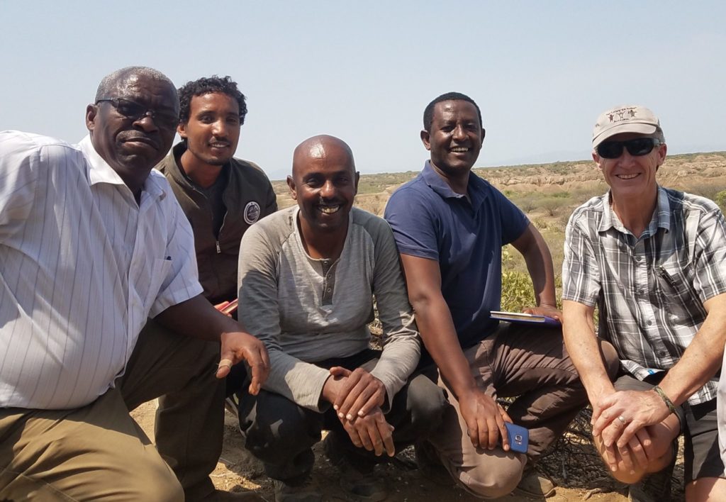 Preservation archaeologists Dagne Gebre, Tesfaye Wondifraw, Hiruy Daniel, Alem Beldados, and John Welch visit the Lower Omo Valley World Heritage Site, January 2019. Image: Jami Macarty