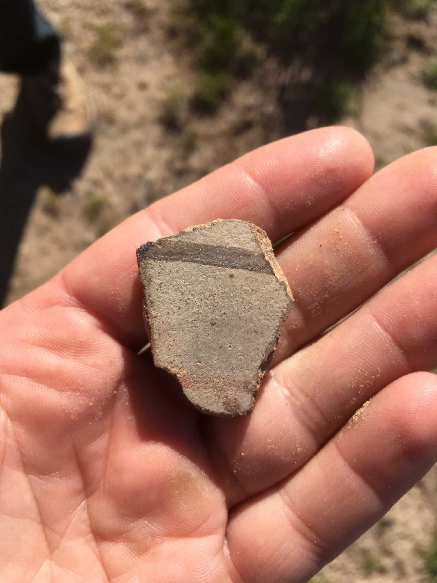 A decorated Lower Colorado Buff Ware sherd is displayed in a person's palm.