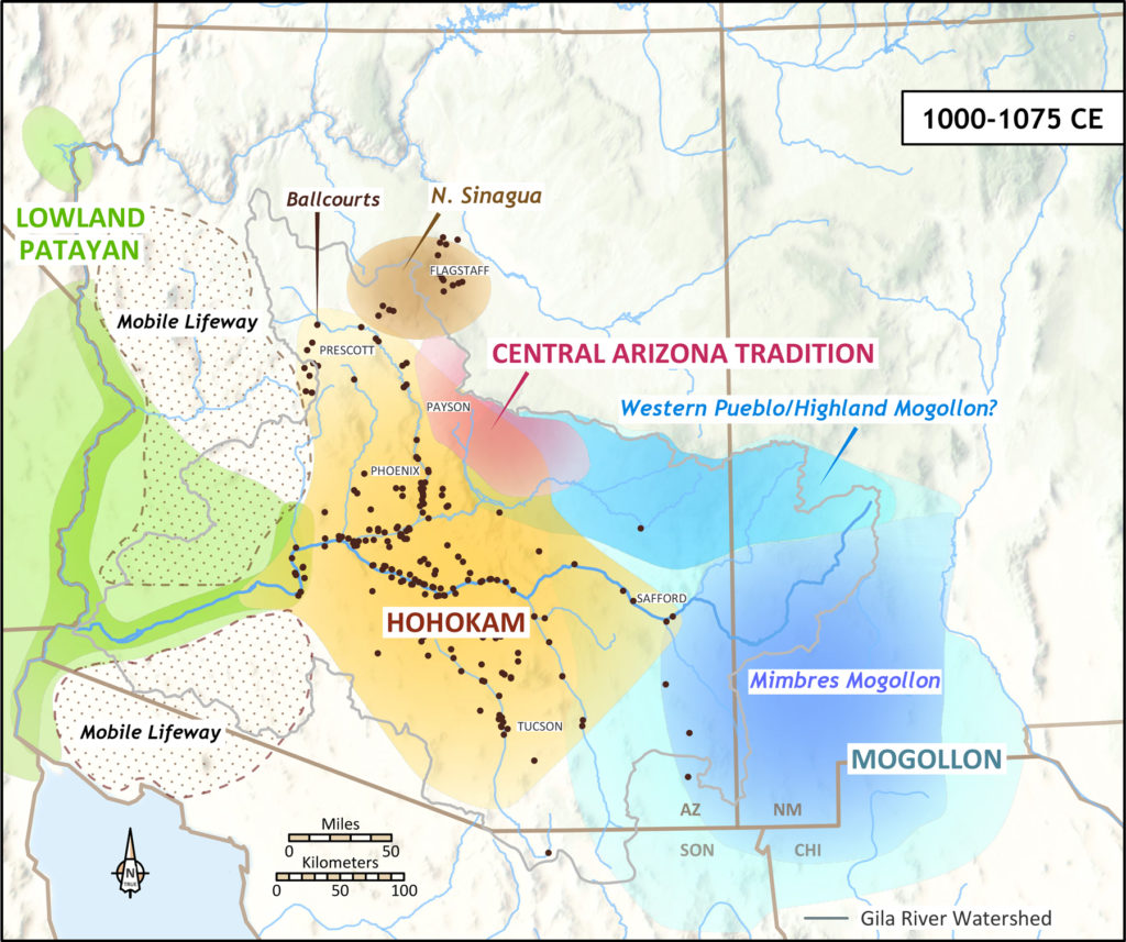 This is the most recent draft of the experts’ Gila Watershed map for the period from 1000 to 1075 CE. We find evidence of Lowland Patayan lifeways along the lower Gila River, lower Colorado River, and their confluence. Map: Catherine Gilman