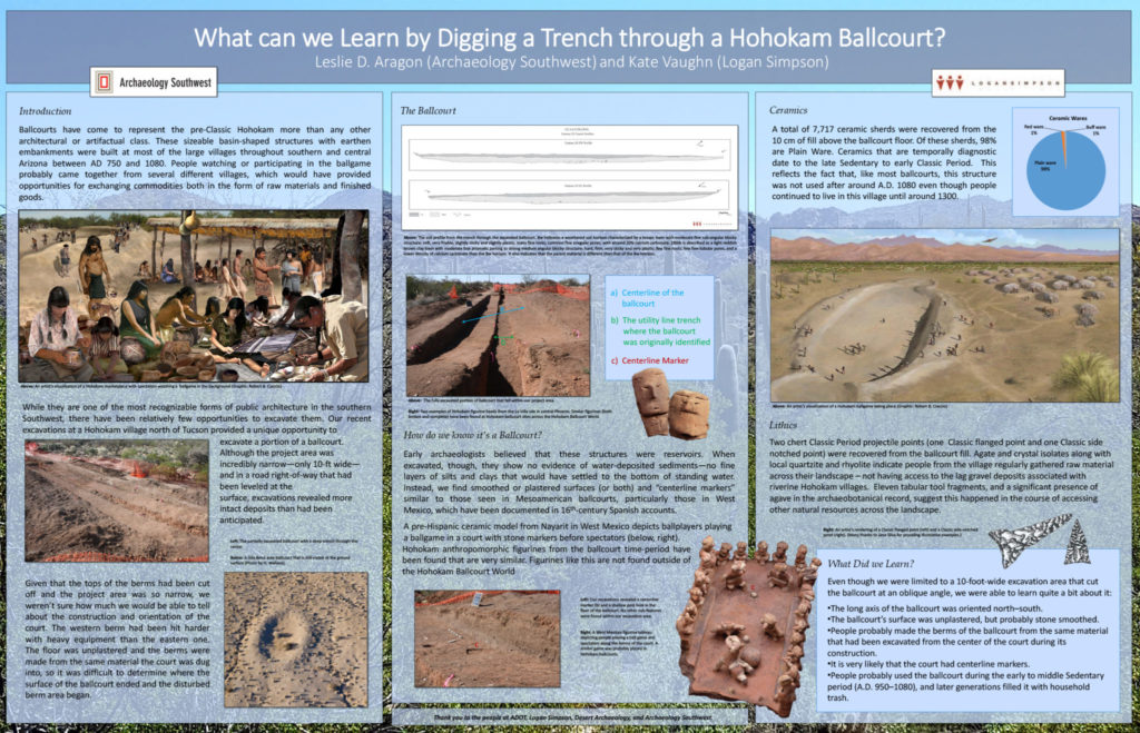 “What can we Learn by Digging a Trench through a Hohokam Ballcourt?” By Leslie Aragon and Kate Vaughn. Download the PDF <a href="https://www.archaeologysouthwest.org/wp-content/uploads/Aragon-Vaughn-2019-Ballcourt.pdf">here. </a>