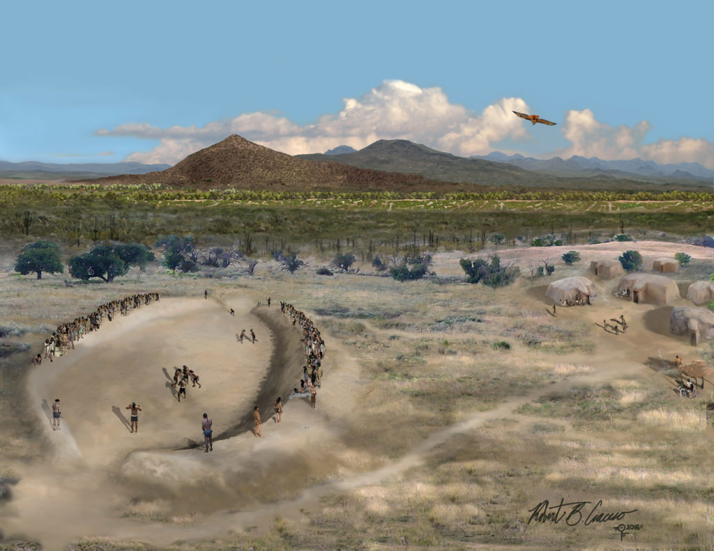 Archaeologists have documented a substantial village beneath downtown Tucson dating to the 900s CE. Because nearly all sizable villages in that time period are known to have had ballcourts, it seems likely that a court like the one imagined here was once a reality. Visualization: Robert B. Ciaccio