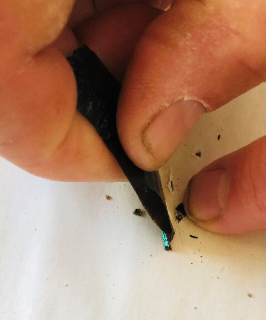 A human hand is using a stone flake to cut a portion of a beetle leg into a bead.