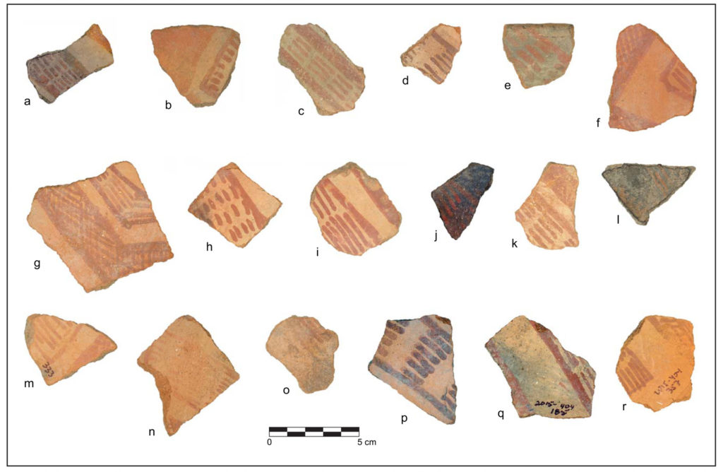 Definite late Tanque Verde Red-on-brown sherds from the Zanardelli site south of Tucson. The series of parallel dashes bounded by solid lines is the distinctive time marker—sherds labeled a, c, g, n, and p in this photo exhibit the full motif. The sherd from site 2 is broken and does not display the second bounding line—thus it is only “possibly” late. (Source: James M. Heidke’s chapter titled “Prehistoric Pottery from the Zanardelli Site, AZ BB:13:1 (ASM): Typology, Dating, and Function.” Published in Technical Report No. 2016-05 by Desert Archaeology, Inc., authored by Mark D. Elson and Deborah L. Swartz.)