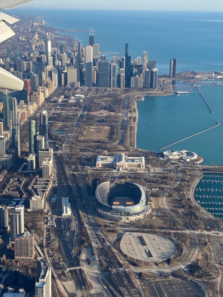 Chicago downtown lakefront, looking north. The Field Museum is at center, just north of Soldier Field.