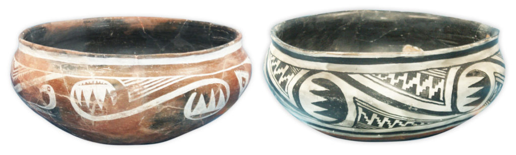 At the end of the 1300s, local pottery traditions resurged. In Mogollon areas of the Salado region, potters began making Dinwiddie Polychrome (right) and Cliff White-on-red (left), which recalled earlier traditions. Images: Mathew A. Devitt, courtesy of Eastern Arizona College