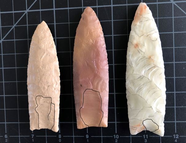 These are resin casts. There are several companies that sell such casts, and they are a great way to study these points when you don’t have access to the originals. From left: Cast of a point from the Naco Mammoth kill site, Arizona; cast of a point from St. Clair County, Illinois; and a cast of a point from the Fenn cache. Notice how the flutes vary on these points.