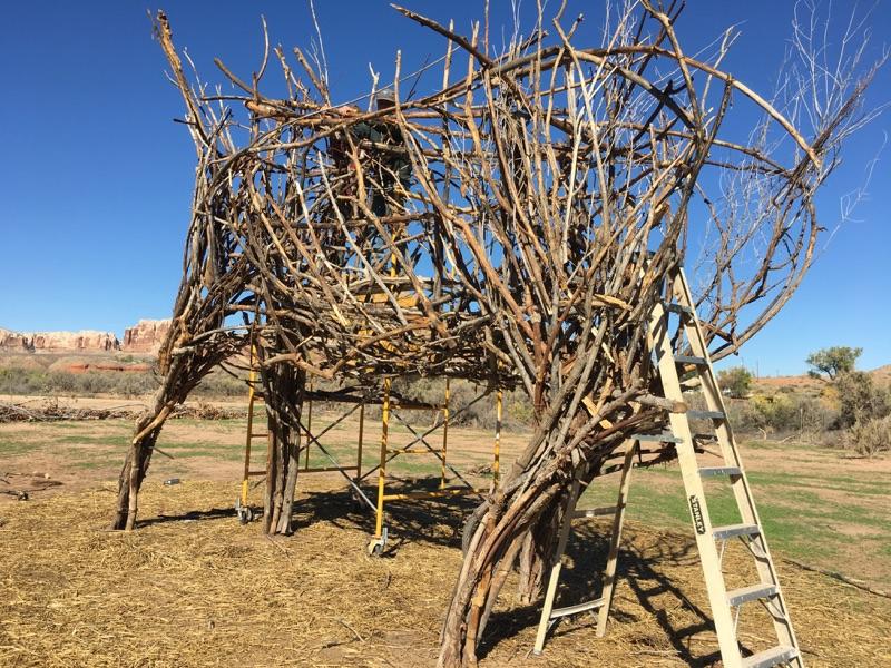 Coyote under construction by Joe Pachak and volunteers. Image courtesy of Amanda Podmore, Friends of Cedar Mesa.