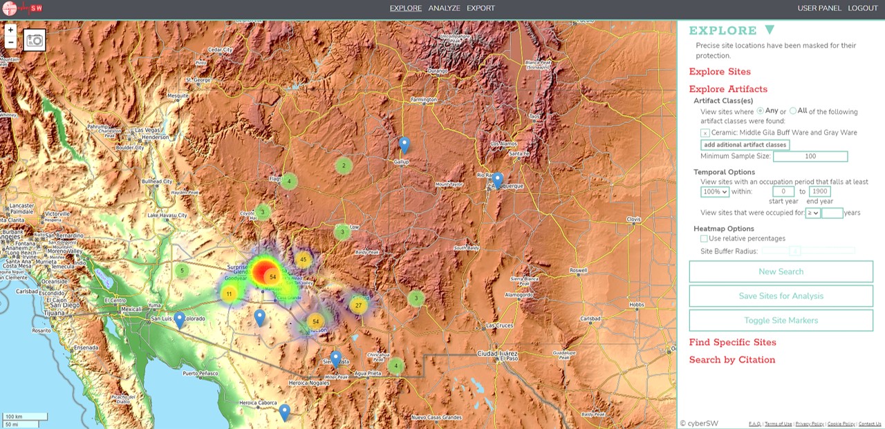 Distribution of sites on cyberSW with identified Middle Gila Buff Ware or red-on-gray pottery.