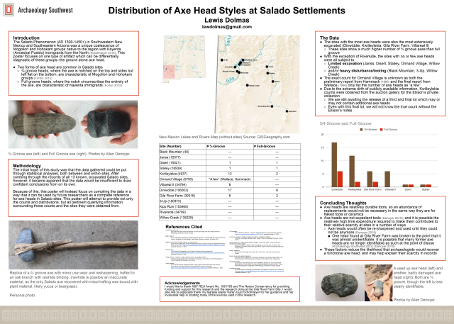 “Distribution of Axe Head Styles at Salado Settlements.” By Lewis Dolmas. Download the PDF <a href="https://www.archaeologysouthwest.org/wp-content/uploads/Dolmas-axes.pdf"> here.</a>