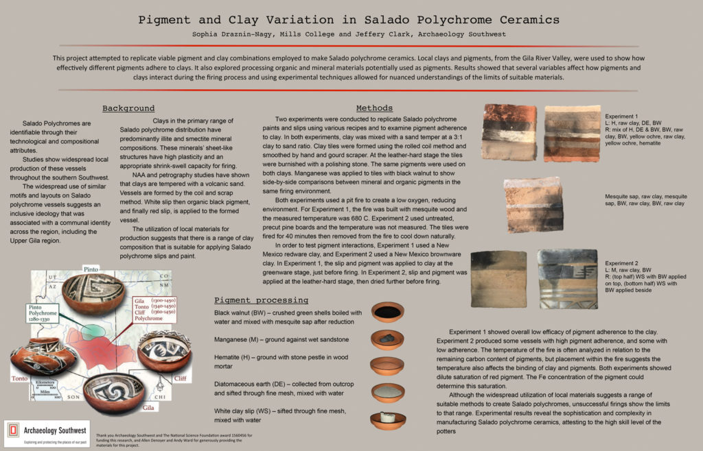 “Pigment and Clay Variation in Salado Polychrome Ceramics.” By Sophia Draznin-Nagy and Jeffery Clark. <a href="https://www.archaeologysouthwest.org/pdf/DrazninNagy-SAA-2018-final.pdf">Download the PDF here.</a>