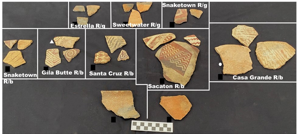 This image shows sherds that are examples of Middle Gila Buff Ware and red-on-gray pottery.