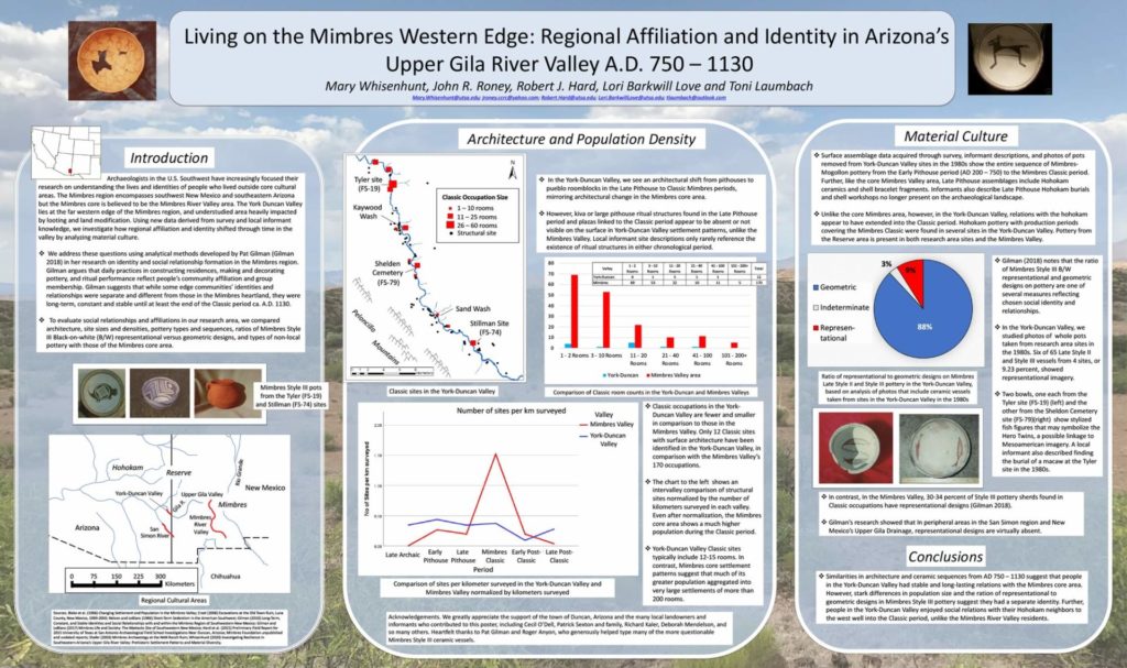 “Living on the Mimbres Western Edge: Regional Affiliation and Identity in Arizona’s Upper Gila River Valley A.D. 750-1130.” By Mary Whisenhunt, John R. Roney, Robert J. Hard, Lori Barkwill-Love, and Toni Laumbach. Download the PDF <a href="https://www.archaeologysouthwest.org/wp-content/uploads/FInal_SAA_2021_Poster_Whisenhunt.pdf">here.</a>