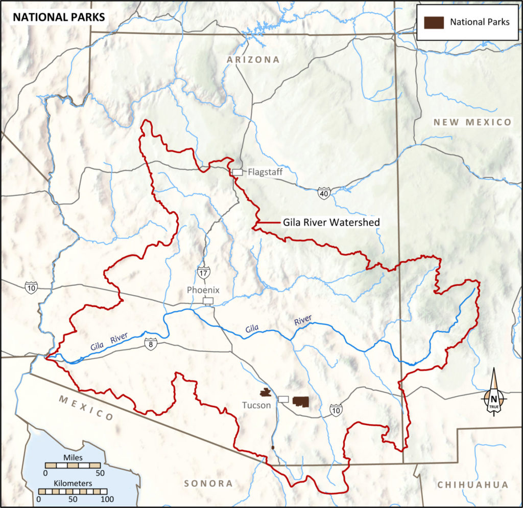 <strong>Map 4.</strong> National Parks within the Gila Watershed. Map: Catherine Gilman
