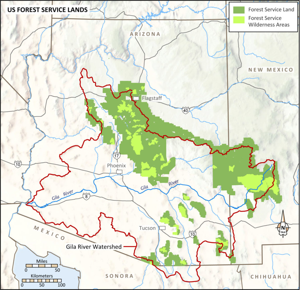 <strong>Map 6.</strong> U.S. Forest Service Lands within the Gila Watershed. Map: Catherine Gilman