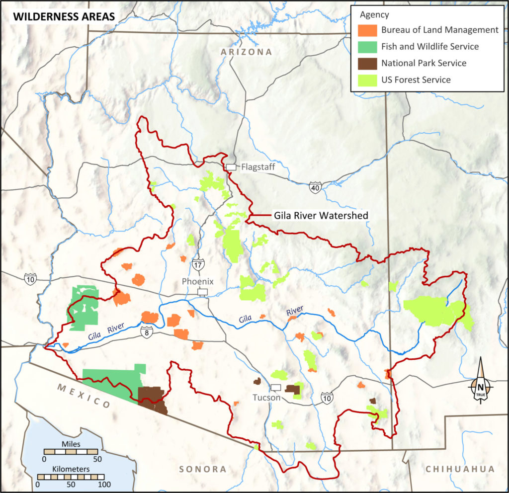 <strong>Map 8.</strong> Wilderness areas, including US Forest Service Lands. Map: Catherine Gilman.