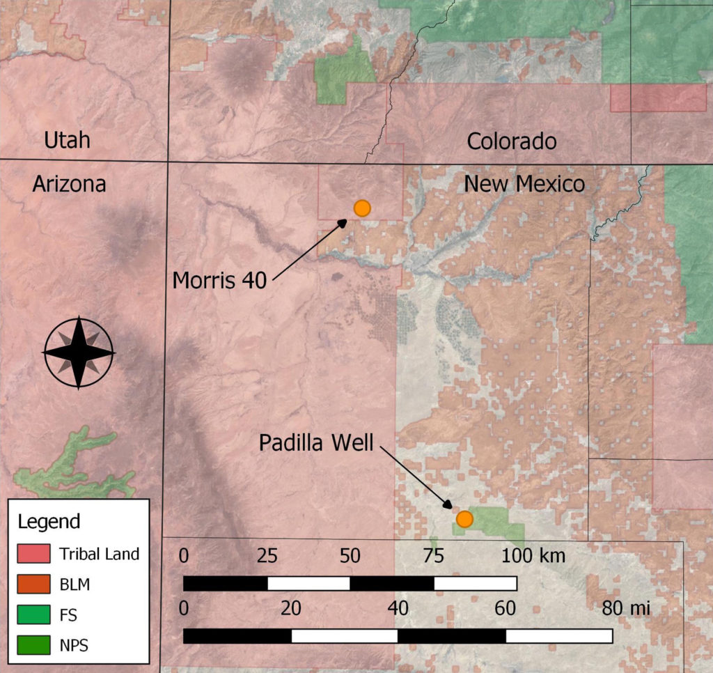 Land statuses and the locations of the Morris 40 and Padilla Well communities. Map: Kellam Throgmorton, using imagery and data from the USGS and Google Earth satellite servers
