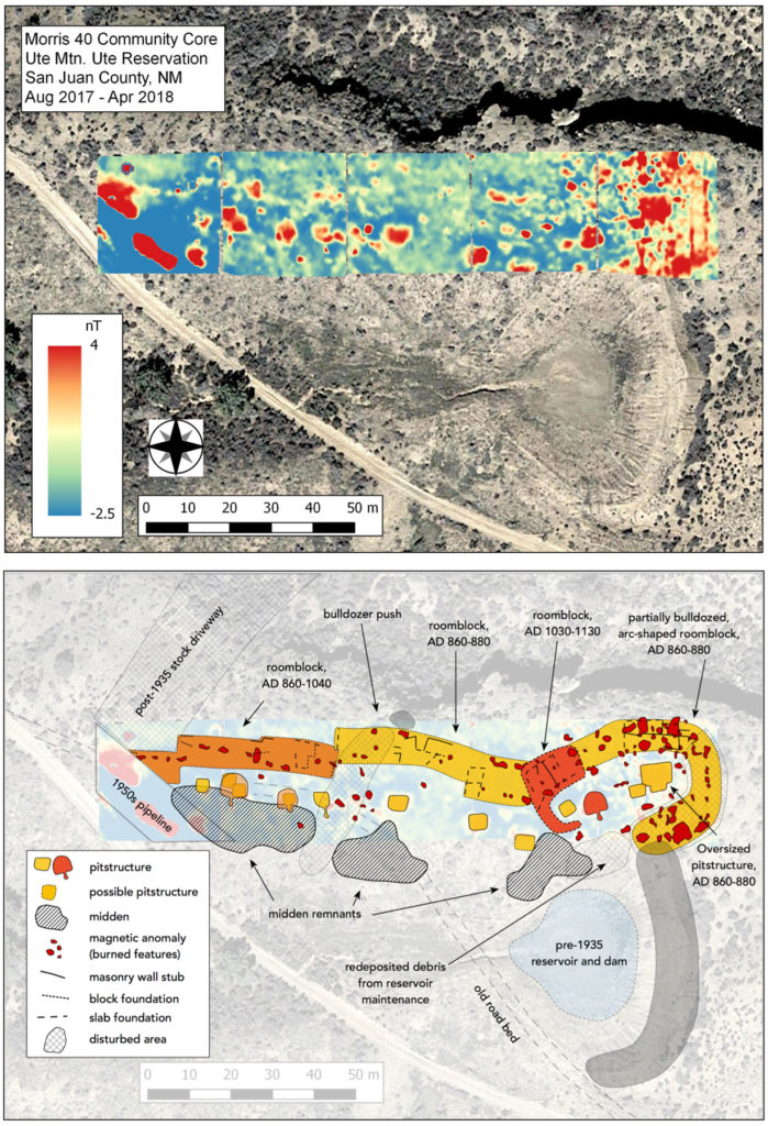 Top: Processed magnetic gradiometry data from a section of the Morris 40 community. Bottom: Reconstructed extent of architecture based on visible wall segments and interpretation of the magnetometer results. Three phases may be identified from ceramic and architectural evidence: a late Pueblo I roomblock that included all visible architecture; continued use of a section of the roomblock throughout early Pueblo II (light orange section to right); and a late Pueblo II compound atop earlier late Pueblo I and early Pueblo II structures (dark orange). Significant disturbances since the early 1900s are also shown. Images: Kellam Throgmorton, using basemaps from Bureau of Land Management LiDAR data provided to Binghamton University and Google Earth satellite servers