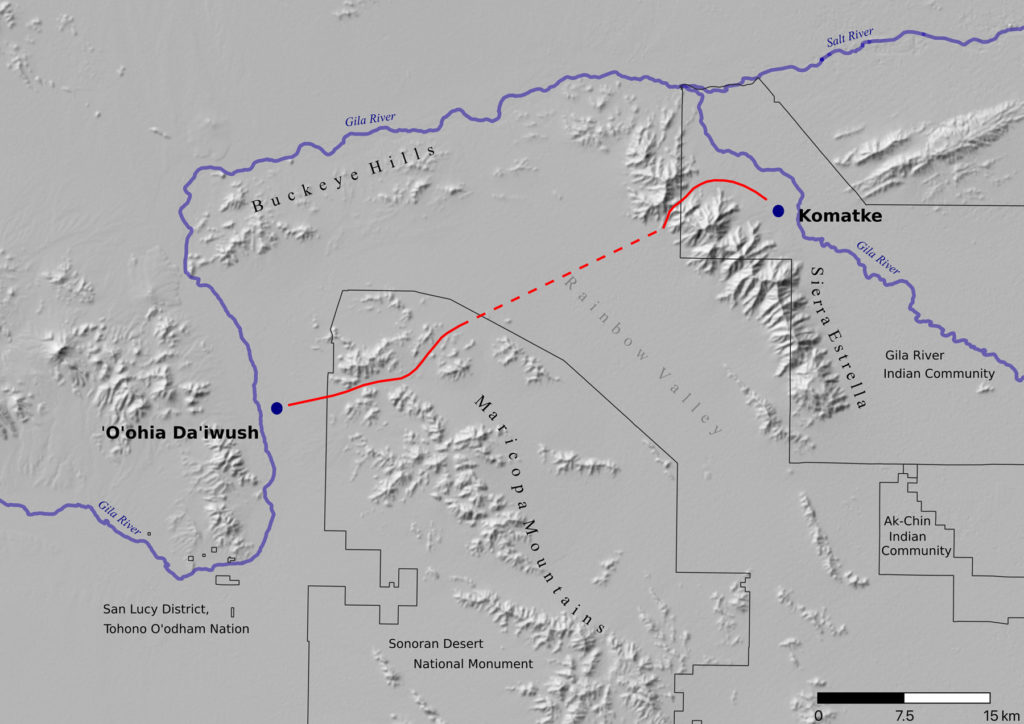 Documented (solid red line) and projected (dashed line) trail between ‘O’ohia Da’iwush and Komatke.