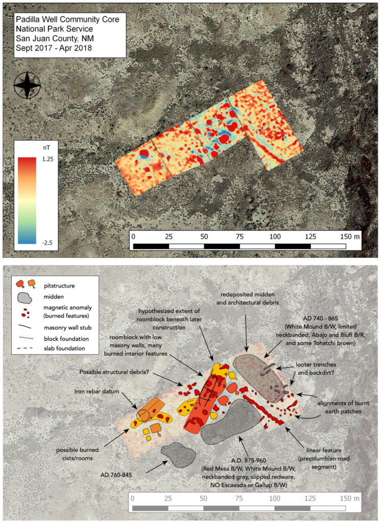 Top: Processed magnetic gradiometry data from a section of the Padilla Well community (29SJ 1881 and 1882). Bottom: Reconstructed extent of architecture based on visible wall segments, scattered sandstone rubble, and interpretation of magnetometer results. Ceramics indicated two phases: Early Pueblo I (AD 740–860) and Late Pueblo I-Early Pueblo II (875–960). The complicated architectural data suggests at least three phases: Early Pueblo I (yellow), Late Pueblo I (light orange), and Early Pueblo II (dark orange). A significant amount of earthmoving and landscape modification probably occurred circa 900. Image: Kellam Throgmorton, using basemaps from the USGS and Google Earth satellite servers