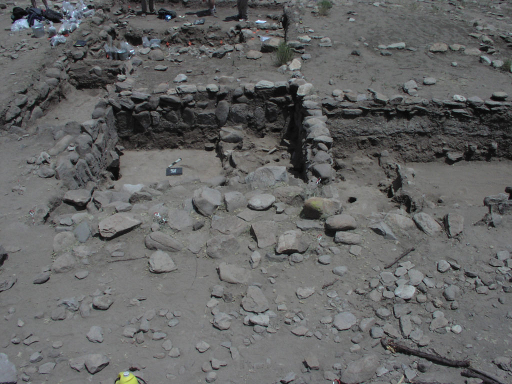 Masonry walls in Classic Mimbres rooms under excavation at Flying Fish Village in the eastern Mimbres area.