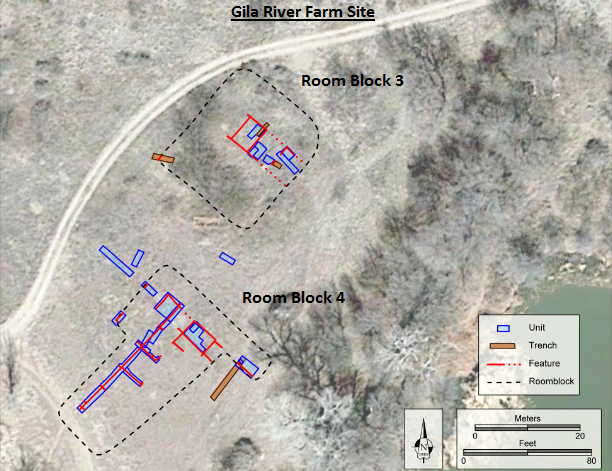 Gila River Farm site Overview, Room Blocks 3 and 4.