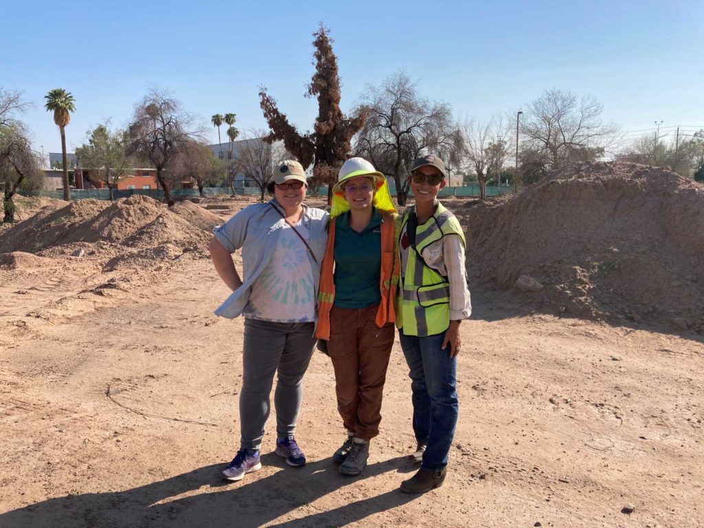 Field school staff Rebecca Harkness and Michaelle Machuca catch up with field school alumna Gabby Pfleger on an archaeological project in the Phoenix area.