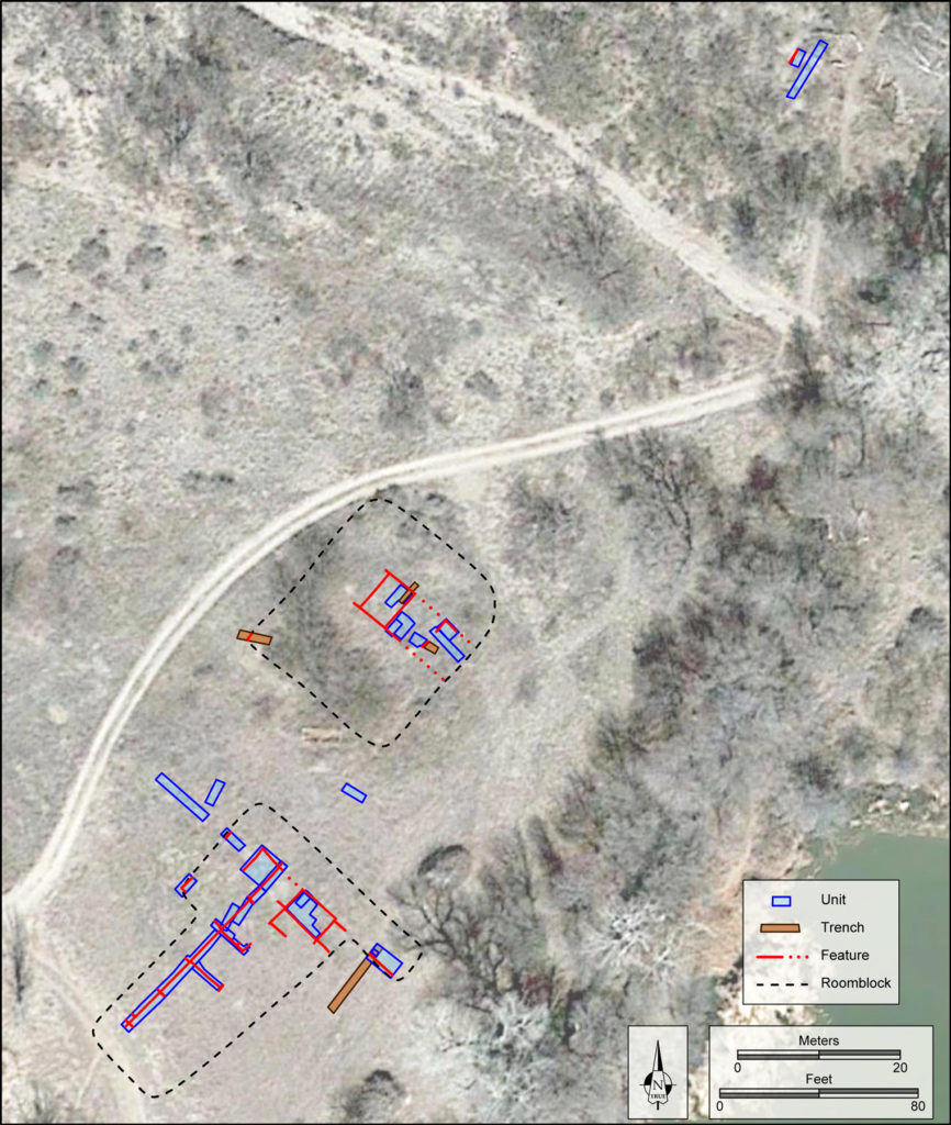 The red lines on the map represent adobe walls exposed during the 2016 and 2017 field seasons. The black dotted lines symbolize our estimate of the roomblock boundaries. This year, we hope to add more red lines to the map across the northern roomblock and to the edges of the southern roomblock. Map: Catherine Gilman