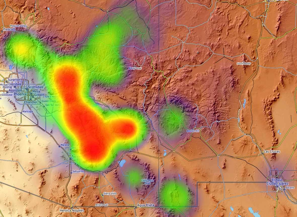 Heat map of Salado polychromes (Roosevelt Red Ware) in cyberSW based on 353 sites with ceramic samples of 100 or more sherds.