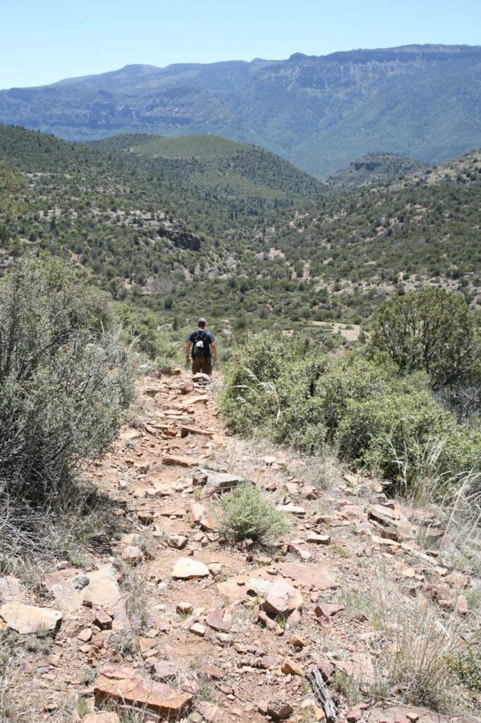 This image shows a rocky ancient trail on the Tonot National Forest. At midground is a person walking on the trail away from the viewer. In the background are foothills and mesas.