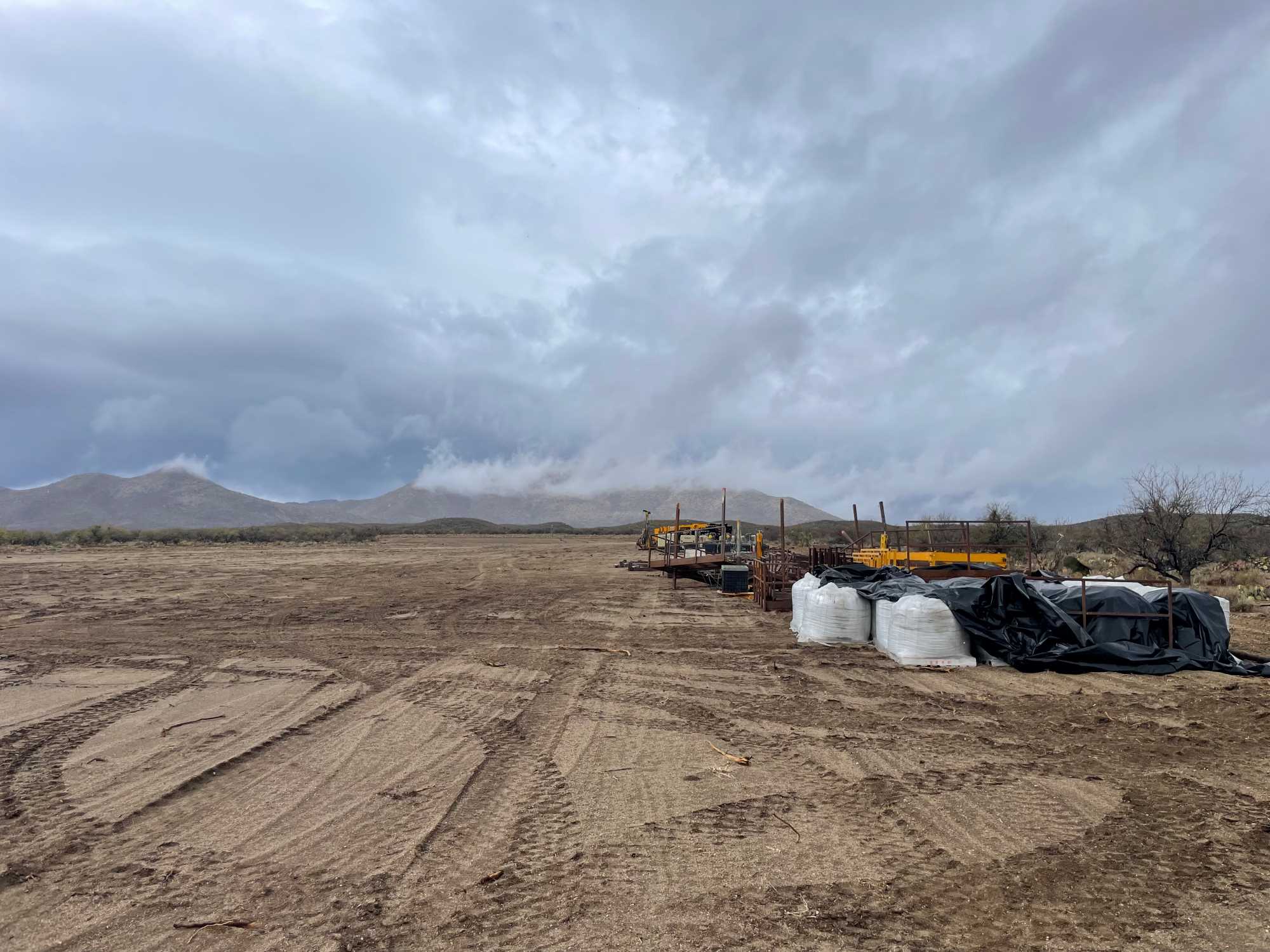 Construction equipment being staged at a newly-graded yard near Redrock Canyon in the San Pedro Valley. Image: Alex Binford-Walsh, Archaeology Southwest, January 21, 2024.