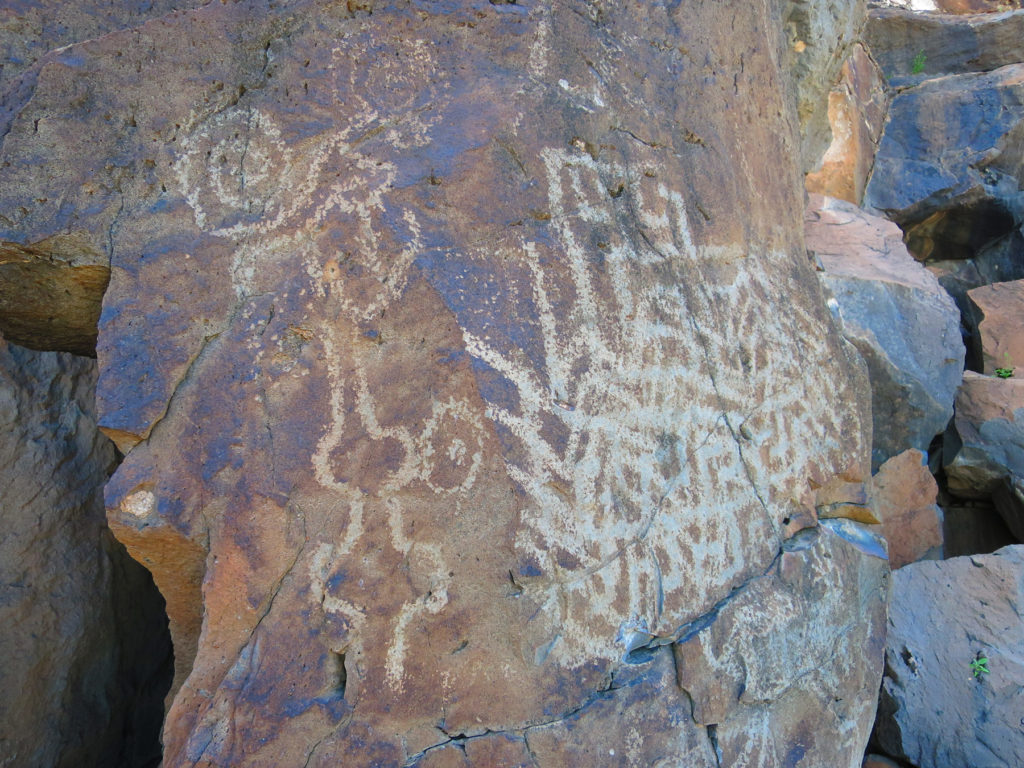 A palimpsest of Patayan- and Hohokam-style petroglyph motifs near Gillespie Dam. Image: Kirk Astroth.