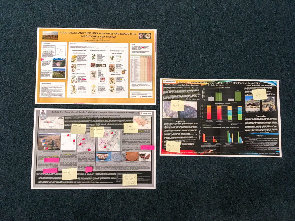 Some of our research poster drafts covered with highlights and sticky notes for final editing. (We’re really lucky to have Kate Sarther and Kathleen Bader’s skills when this moment arrives!)