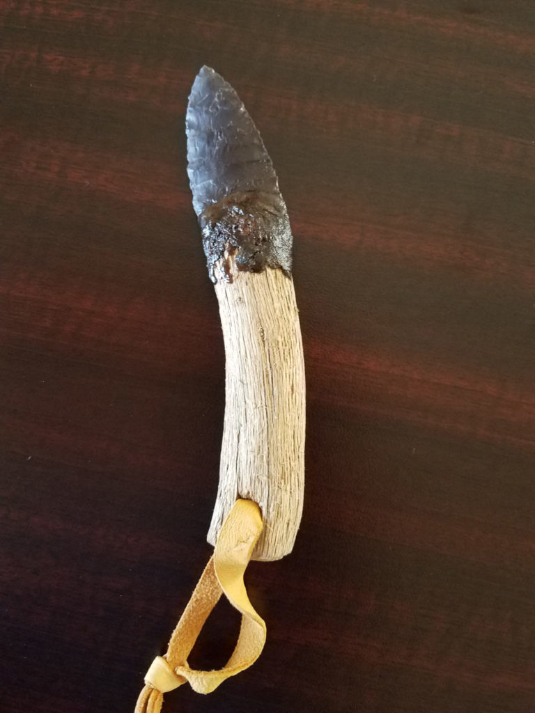 My new stone knife, made of Green River Formation chert, Saguaro root, and resin composed of pine-pitch and elk-poop. Information on Allen’s knife class can be found <a href="https://www.archaeologysouthwest.org/event/how-did-people-haft-a-knife-6/">here.</a>