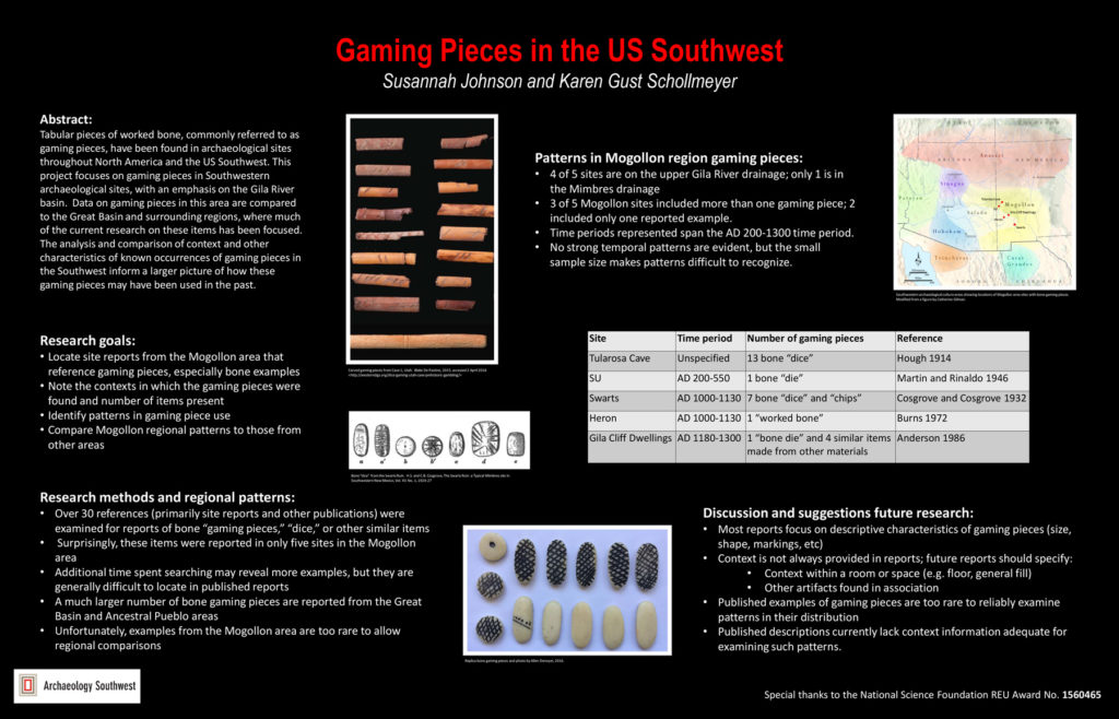 “Gaming Pieces in the US Southwest.” By Susannah Johnson and Karen Gust Schollmeyer. <a href="https://www.archaeologysouthwest.org/pdf/Johnson-poster-final-2018.pdf">Download the pdf here.</a>